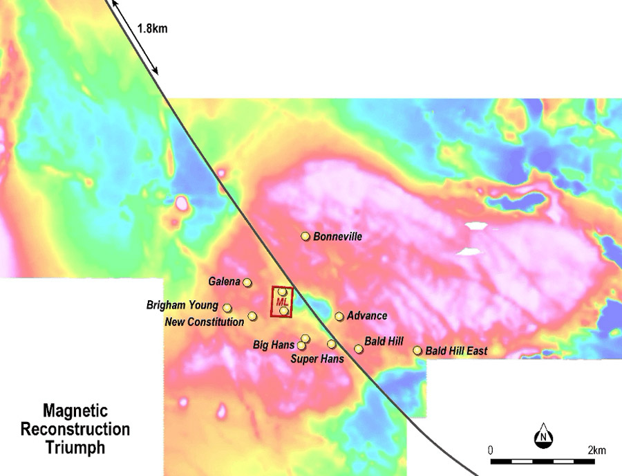 Figure 4: Reconstructed magnetic signature of the Norton Tonalite before 1.8km displacement on the Norton Fault